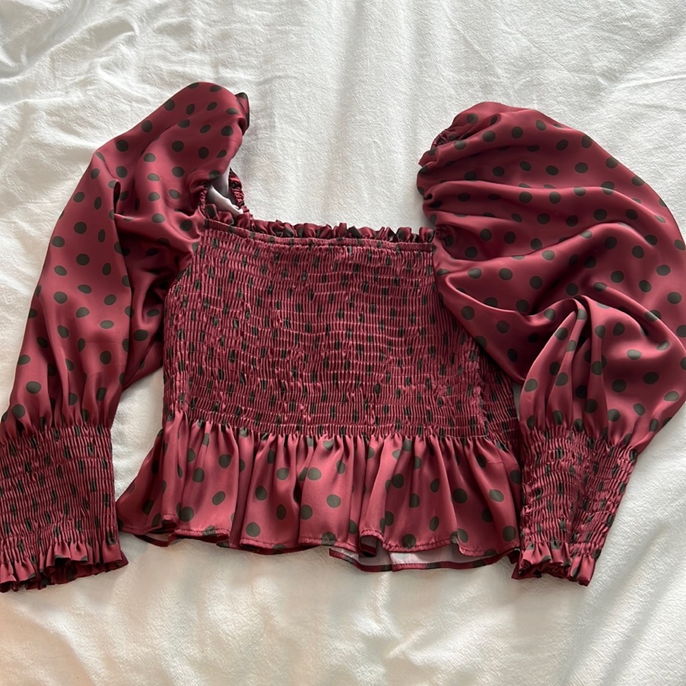 Zara Maroon top with brown polka dots